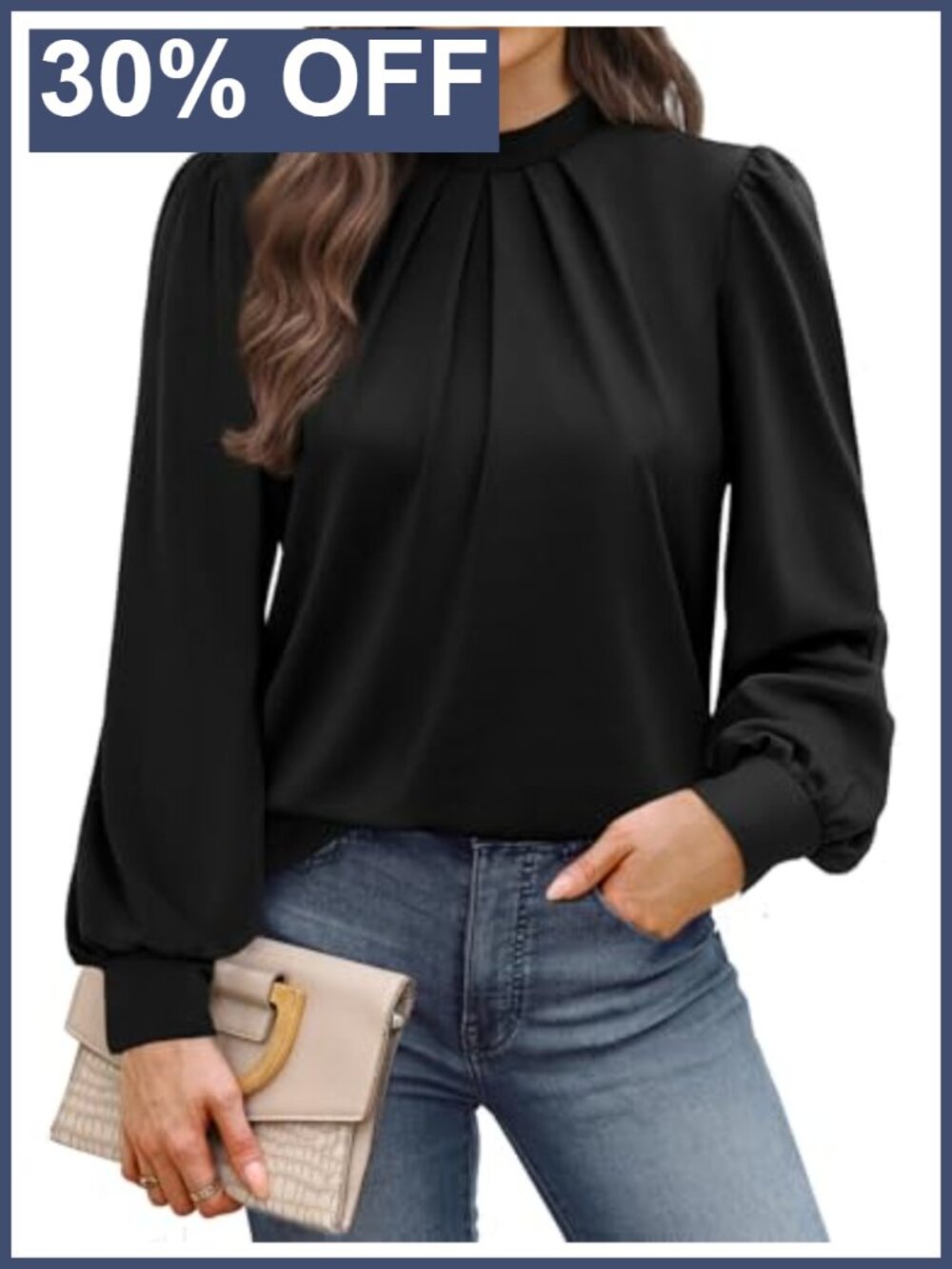 Womens Long Sleeve Mock Neck Pleated Front Blouse Business Casual Top